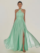 KissDress-Ciri Pale Pistachio A Line Chiffon Halter Neck Pleated Long Bridesmaid Dress with Slit