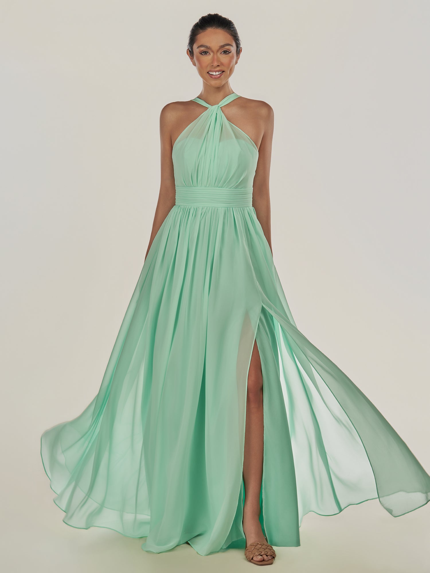 KissDress-Ciri Pale Pistachio A Line Chiffon Halter Neck Pleated Long Bridesmaid Dress with Slit