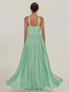 KissDress-Ciri Pale Pistachio A Line Chiffon Halter Neck Pleated Long Bridesmaid Dress with Slit