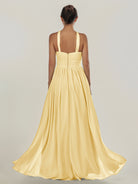 KissDress-Ciri Pastel Yellow A Line Chiffon Halter Neck Pleated Long Bridesmaid Dress with Slit