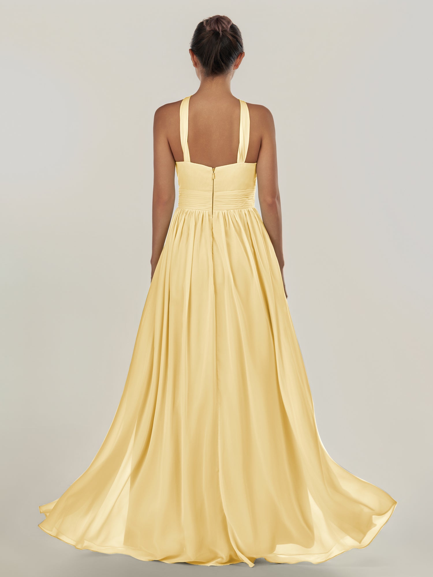 KissDress-Ciri Pastel Yellow A Line Chiffon Halter Neck Pleated Long Bridesmaid Dress with Slit