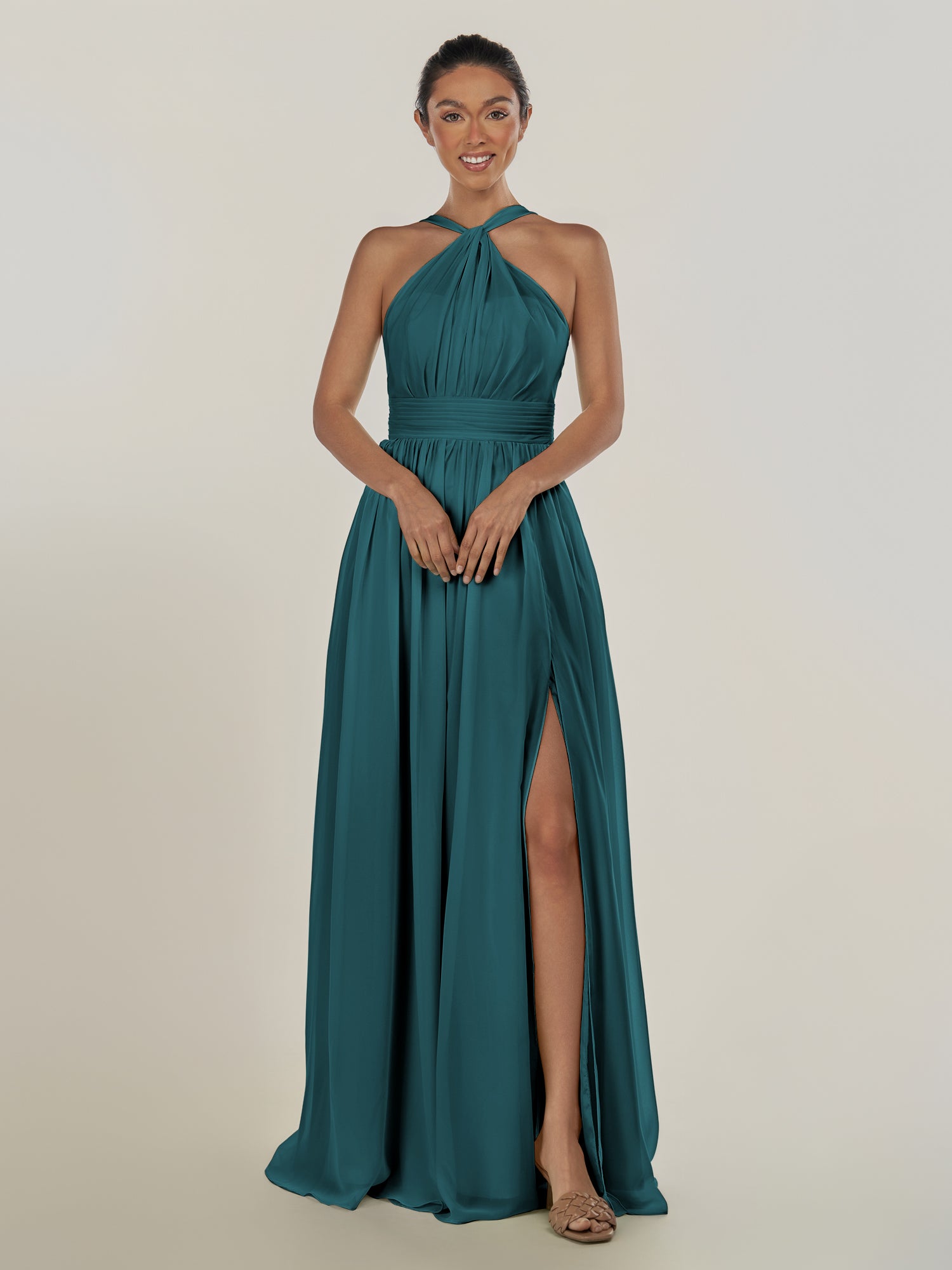 KissDress-Ciri Pine A Line Chiffon Halter Neck Pleated Long Bridesmaid Dress with Slit