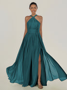 KissDress-Ciri Pine A Line Chiffon Halter Neck Pleated Long Bridesmaid Dress with Slit