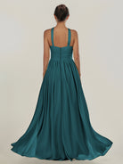 KissDress-Ciri Pine A Line Chiffon Halter Neck Pleated Long Bridesmaid Dress with Slit