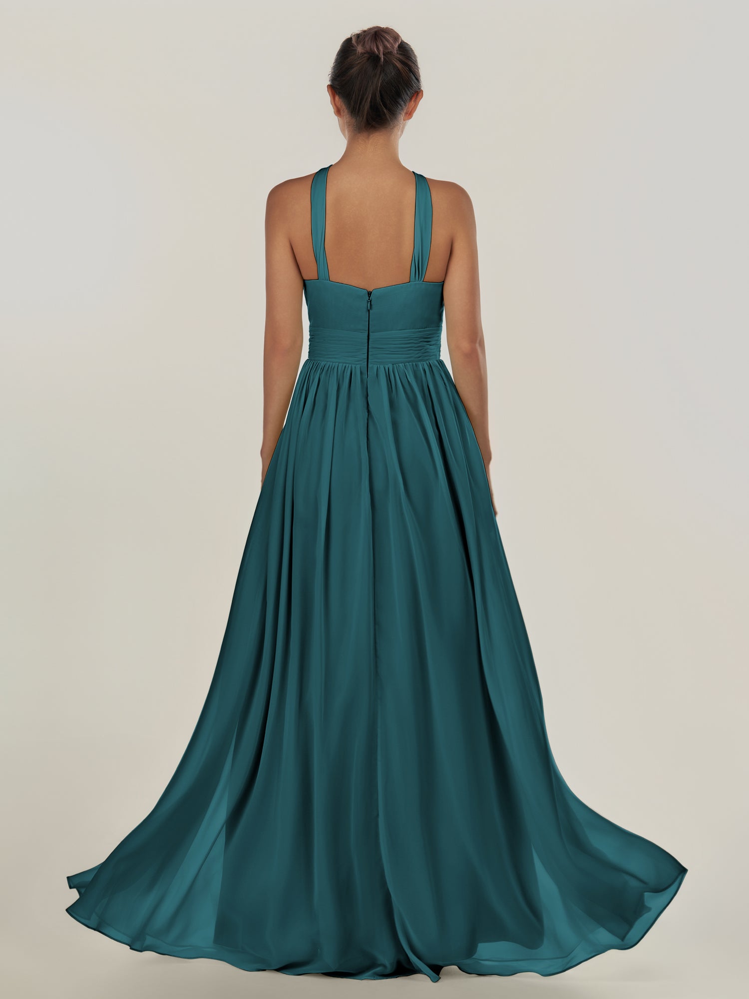 KissDress-Ciri Pine A Line Chiffon Halter Neck Pleated Long Bridesmaid Dress with Slit