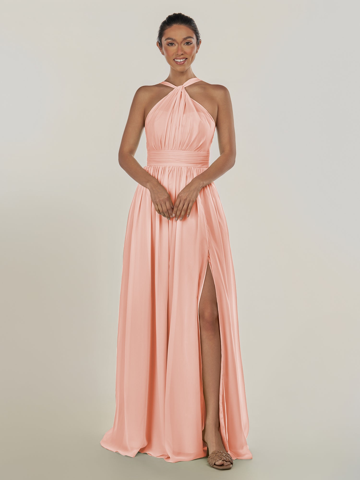 KissDress-Ciri Rose Petal A Line Chiffon Halter Neck Pleated Long Bridesmaid Dress with Slit