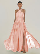 KissDress-Ciri Rose Petal A Line Chiffon Halter Neck Pleated Long Bridesmaid Dress with Slit