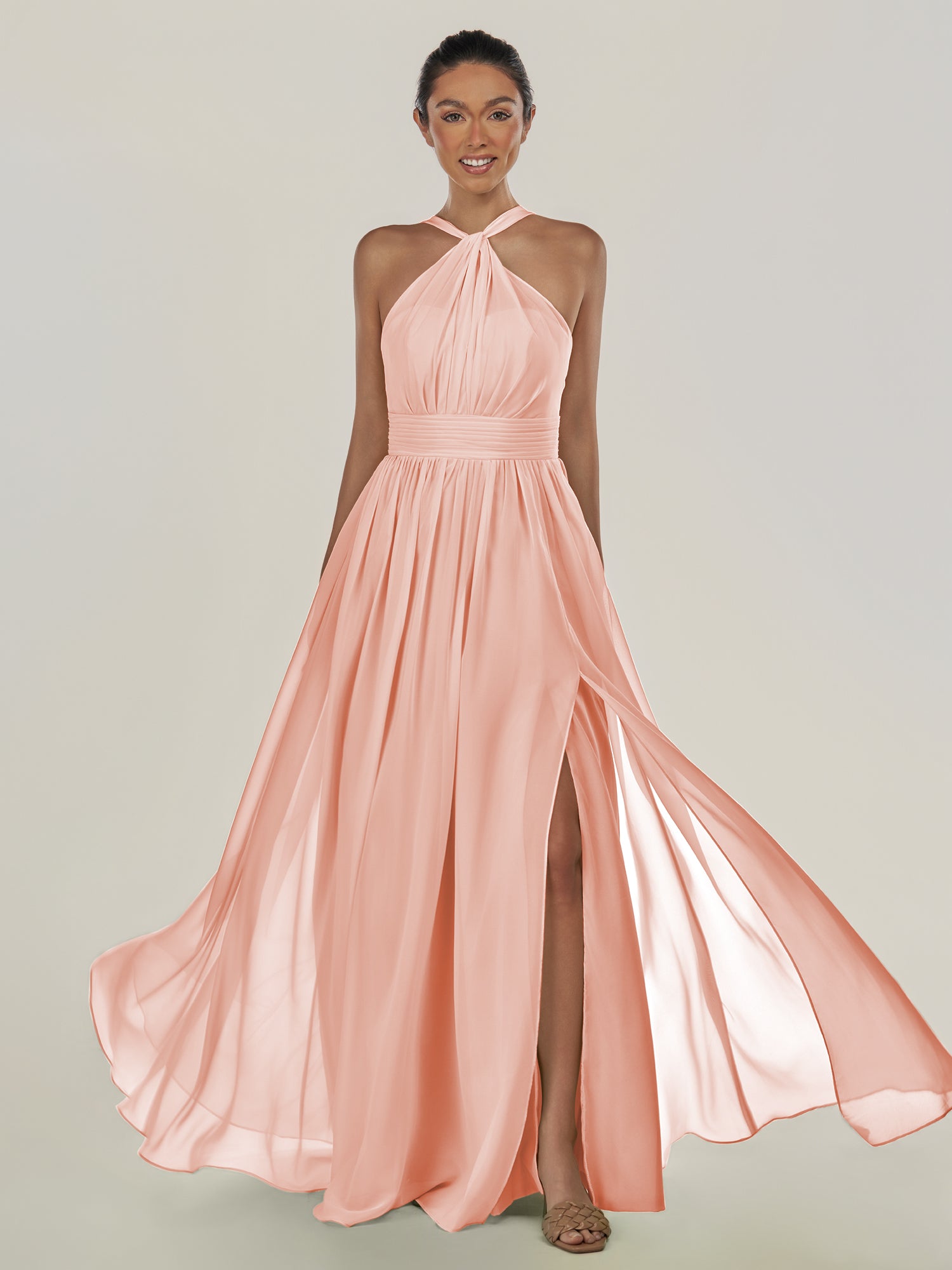 KissDress-Ciri Rose Petal A Line Chiffon Halter Neck Pleated Long Bridesmaid Dress with Slit