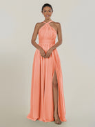 KissDress-Ciri Rosette A Line Chiffon Halter Neck Pleated Long Bridesmaid Dress with Slit