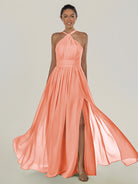 KissDress-Ciri Rosette A Line Chiffon Halter Neck Pleated Long Bridesmaid Dress with Slit