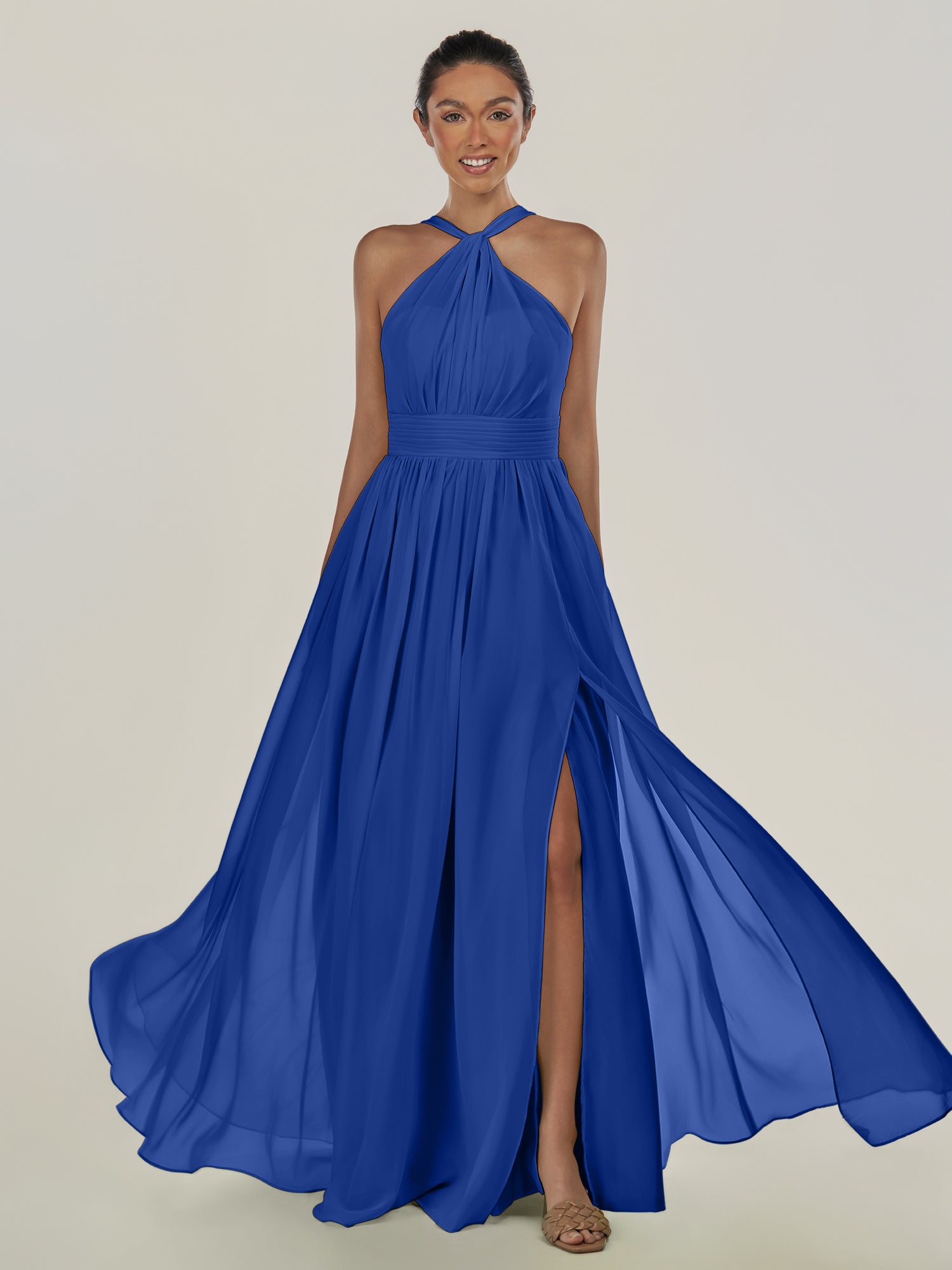 KissDress-Ciri Royal Blue A Line Chiffon Halter Neck Pleated Long Bridesmaid Dress with Slit