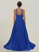 KissDress-Ciri Royal Blue A Line Chiffon Halter Neck Pleated Long Bridesmaid Dress with Slit