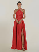 KissDress-Ciri Ruby Red A Line Chiffon Halter Neck Pleated Long Bridesmaid Dress with Slit