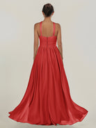 KissDress-Ciri Ruby Red A Line Chiffon Halter Neck Pleated Long Bridesmaid Dress with Slit