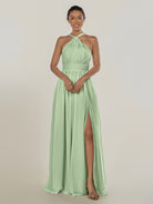 KissDress-Ciri Sage A Line Chiffon Halter Neck Pleated Long Bridesmaid Dress with Slit