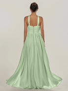 KissDress-Ciri Sage A Line Chiffon Halter Neck Pleated Long Bridesmaid Dress with Slit