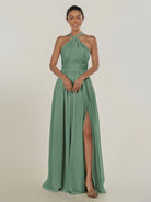 KissDress-Ciri Sea Glass A Line Chiffon Halter Neck Pleated Long Bridesmaid Dress with Slit