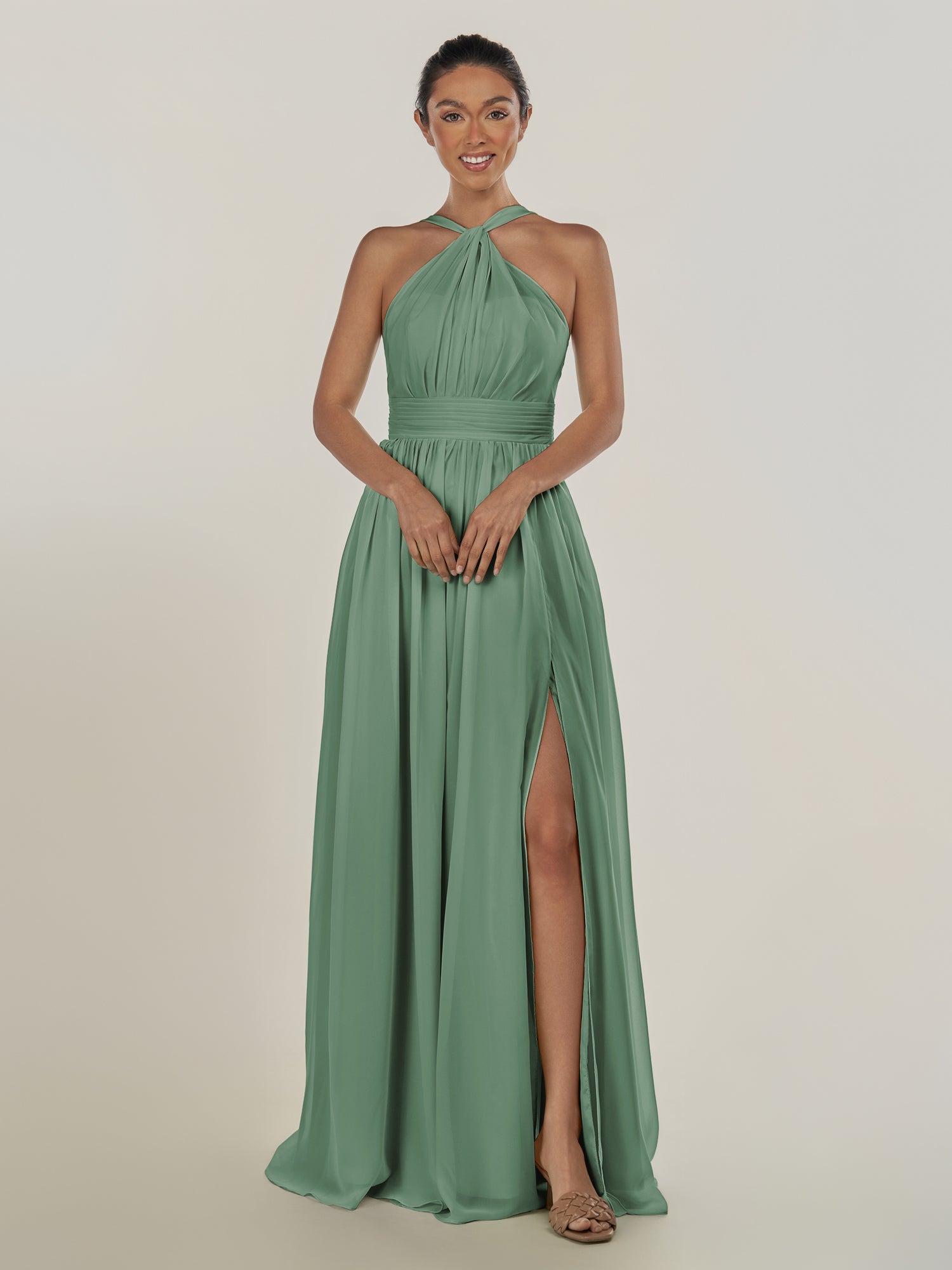 KissDress-Ciri Sea Glass A Line Chiffon Halter Neck Pleated Long Bridesmaid Dress with Slit