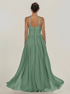 KissDress-Ciri Sea Glass A Line Chiffon Halter Neck Pleated Long Bridesmaid Dress with Slit
