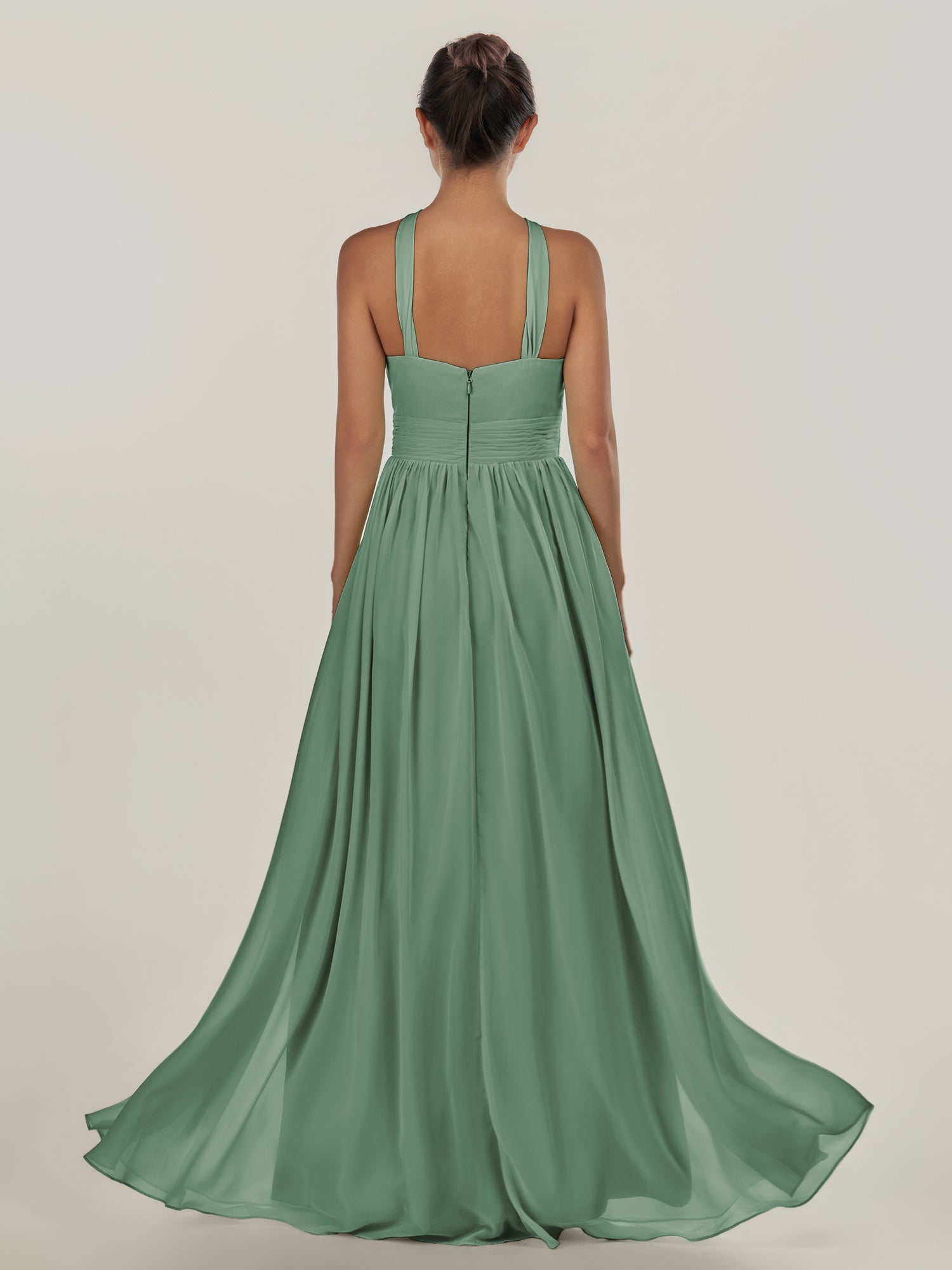 KissDress-Ciri Sea Glass A Line Chiffon Halter Neck Pleated Long Bridesmaid Dress with Slit