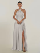 KissDress-Ciri Silver A Line Chiffon Halter Neck Pleated Long Bridesmaid Dress with Slit