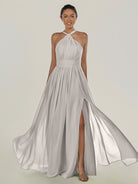 KissDress-Ciri Silver A Line Chiffon Halter Neck Pleated Long Bridesmaid Dress with Slit
