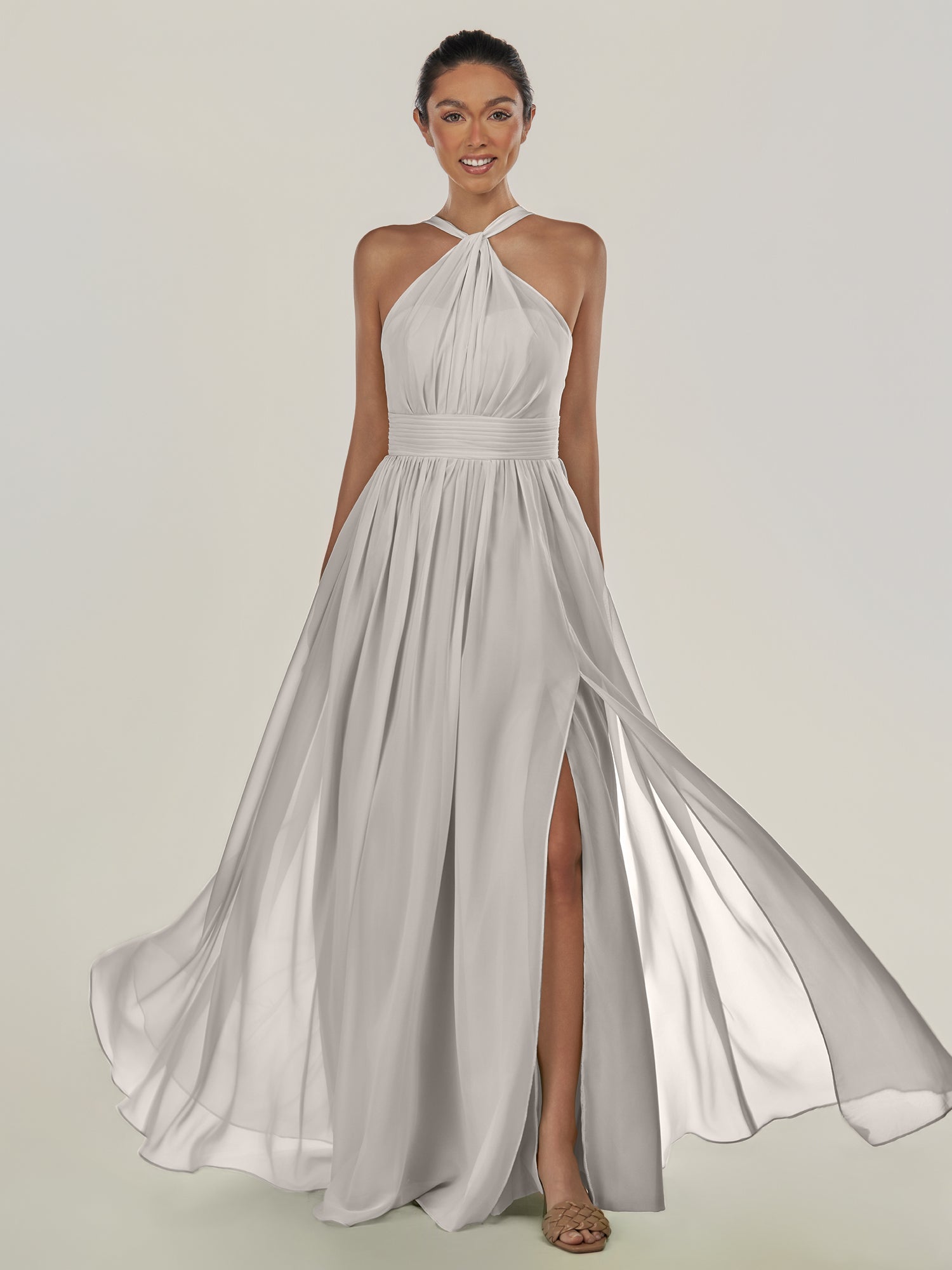 KissDress-Ciri Silver A Line Chiffon Halter Neck Pleated Long Bridesmaid Dress with Slit