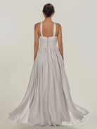 KissDress-Ciri Silver A Line Chiffon Halter Neck Pleated Long Bridesmaid Dress with Slit