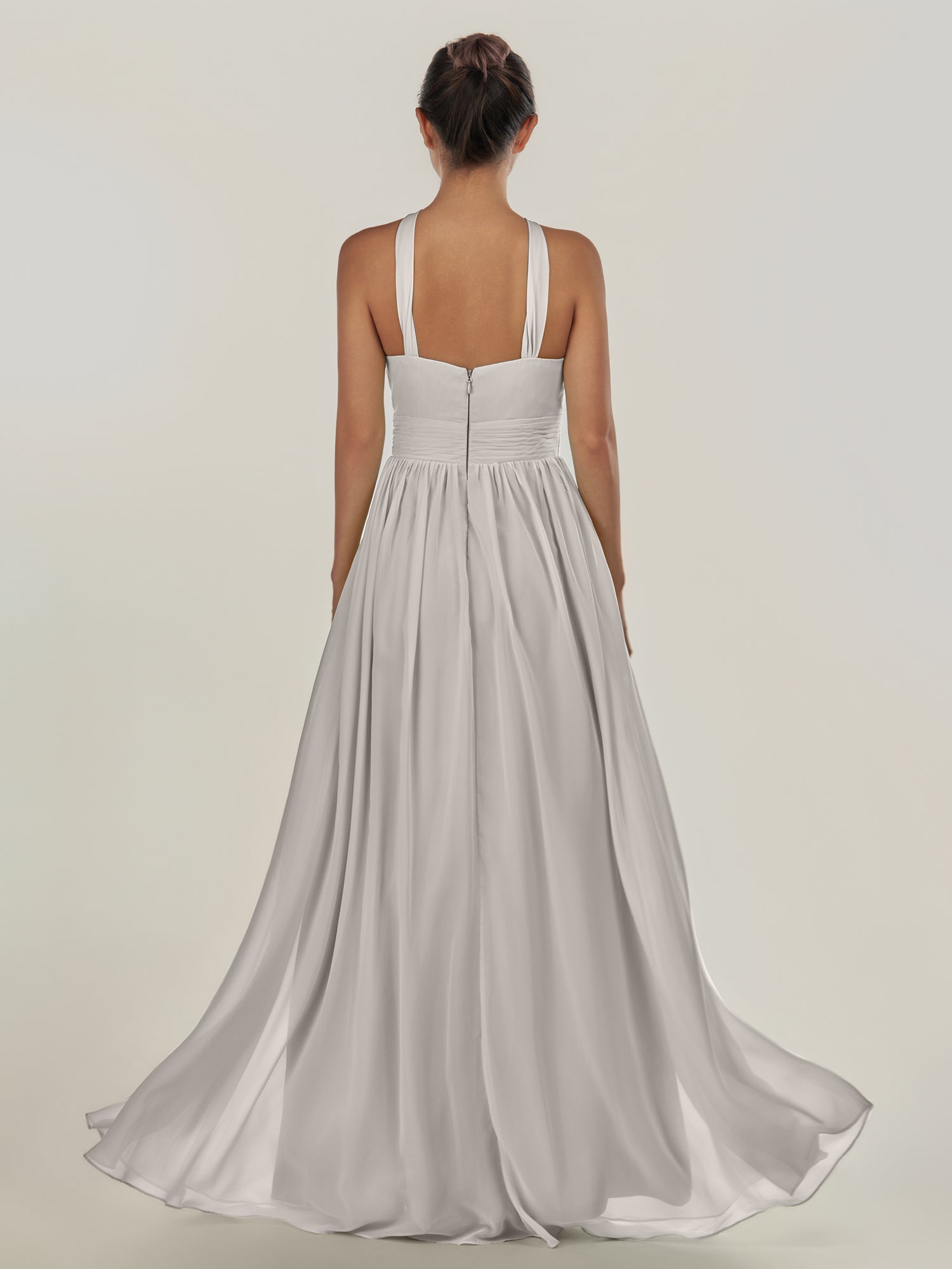 KissDress-Ciri Silver A Line Chiffon Halter Neck Pleated Long Bridesmaid Dress with Slit