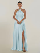 KissDress-Ciri Sky Blue A Line Chiffon Halter Neck Pleated Long Bridesmaid Dress with Slit