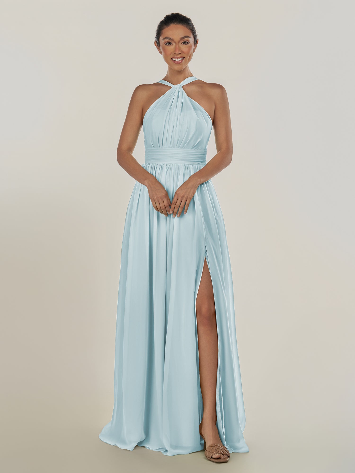 KissDress-Ciri Sky Blue A Line Chiffon Halter Neck Pleated Long Bridesmaid Dress with Slit