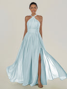 KissDress-Ciri Sky Blue A Line Chiffon Halter Neck Pleated Long Bridesmaid Dress with Slit