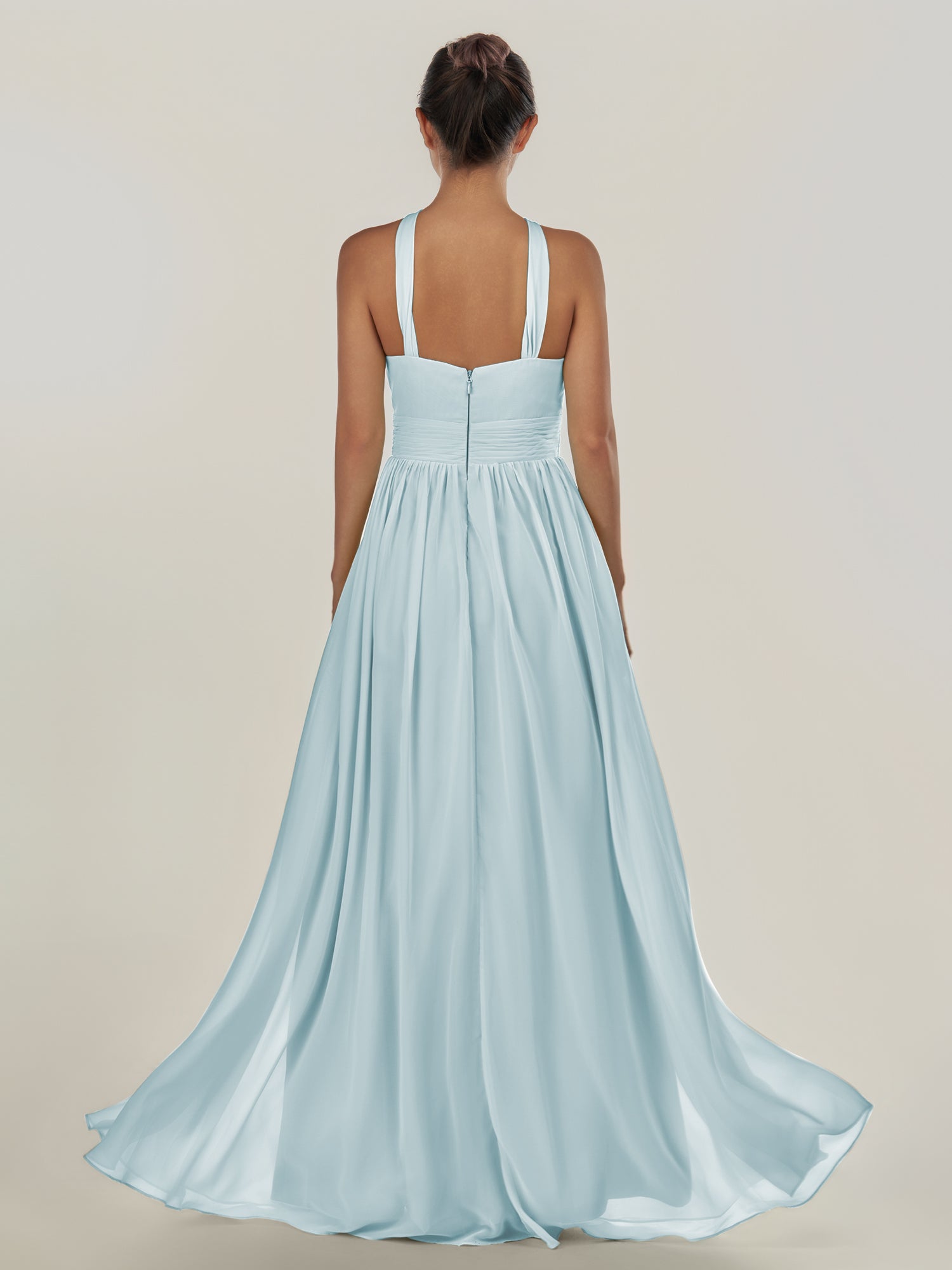 KissDress-Ciri Sky Blue A Line Chiffon Halter Neck Pleated Long Bridesmaid Dress with Slit