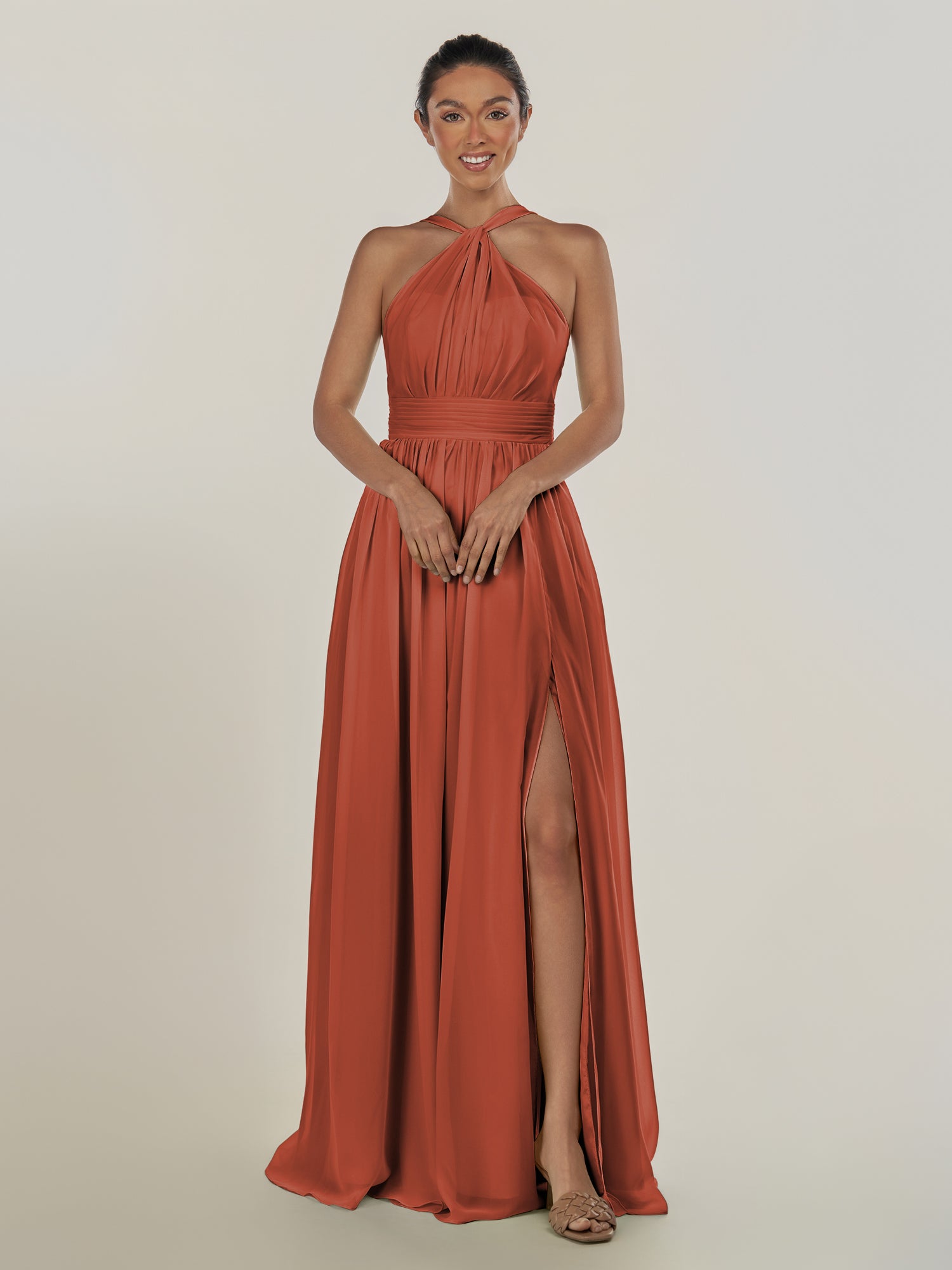 KissDress-Ciri Spice A Line Chiffon Halter Neck Pleated Long Bridesmaid Dress with Slit