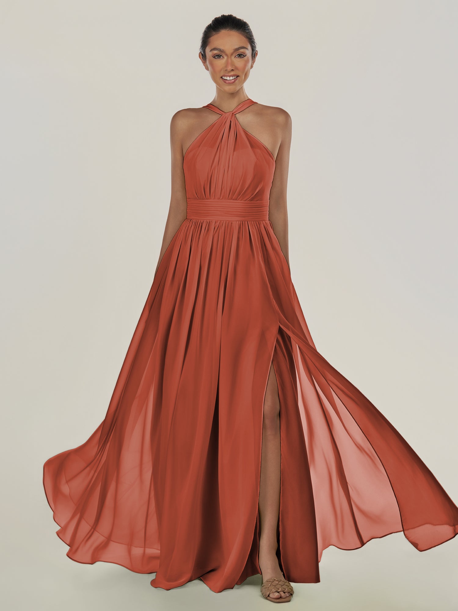 KissDress-Ciri Spice A Line Chiffon Halter Neck Pleated Long Bridesmaid Dress with Slit