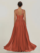 KissDress-Ciri Spice A Line Chiffon Halter Neck Pleated Long Bridesmaid Dress with Slit
