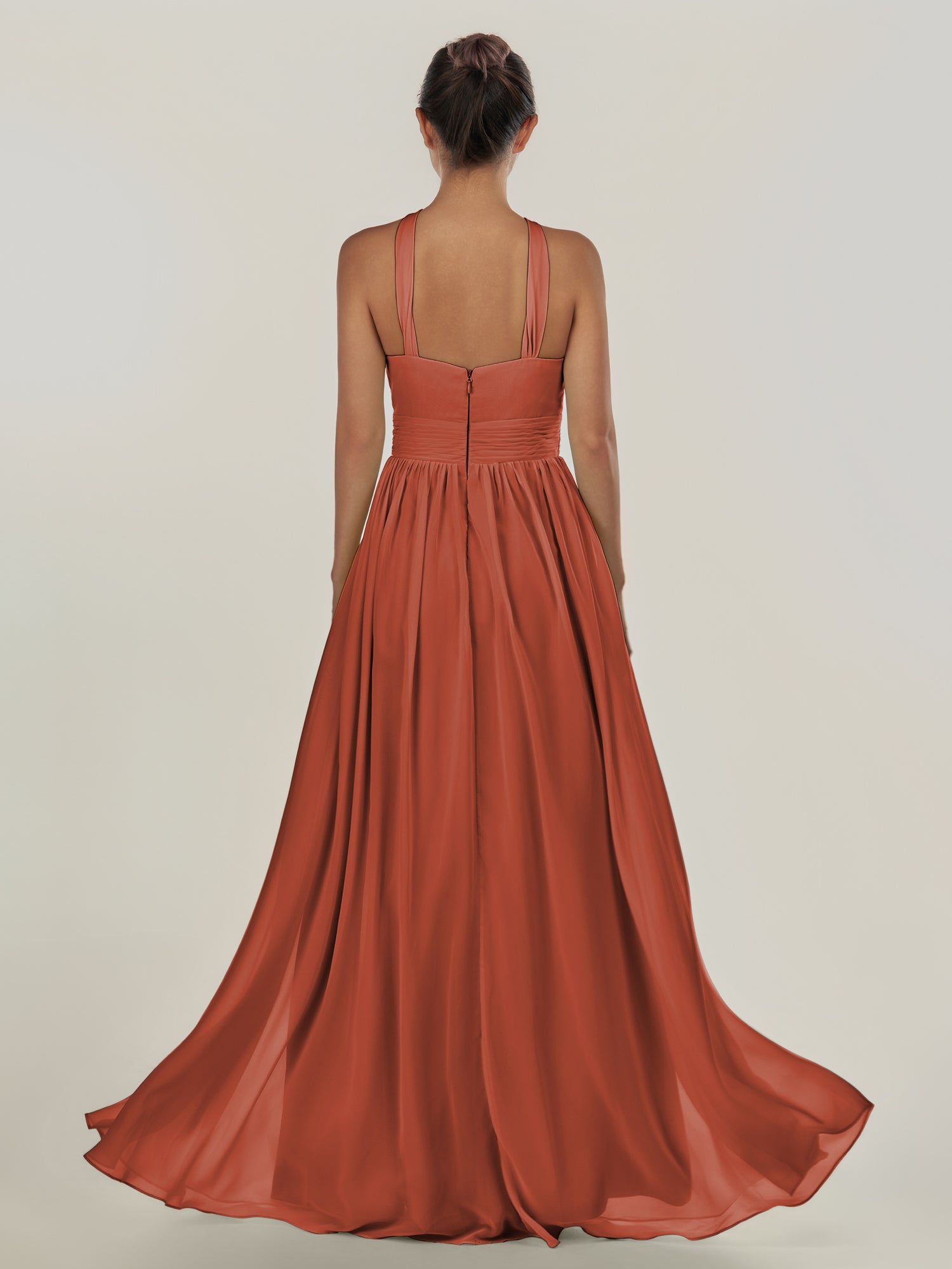KissDress-Ciri Spice A Line Chiffon Halter Neck Pleated Long Bridesmaid Dress with Slit