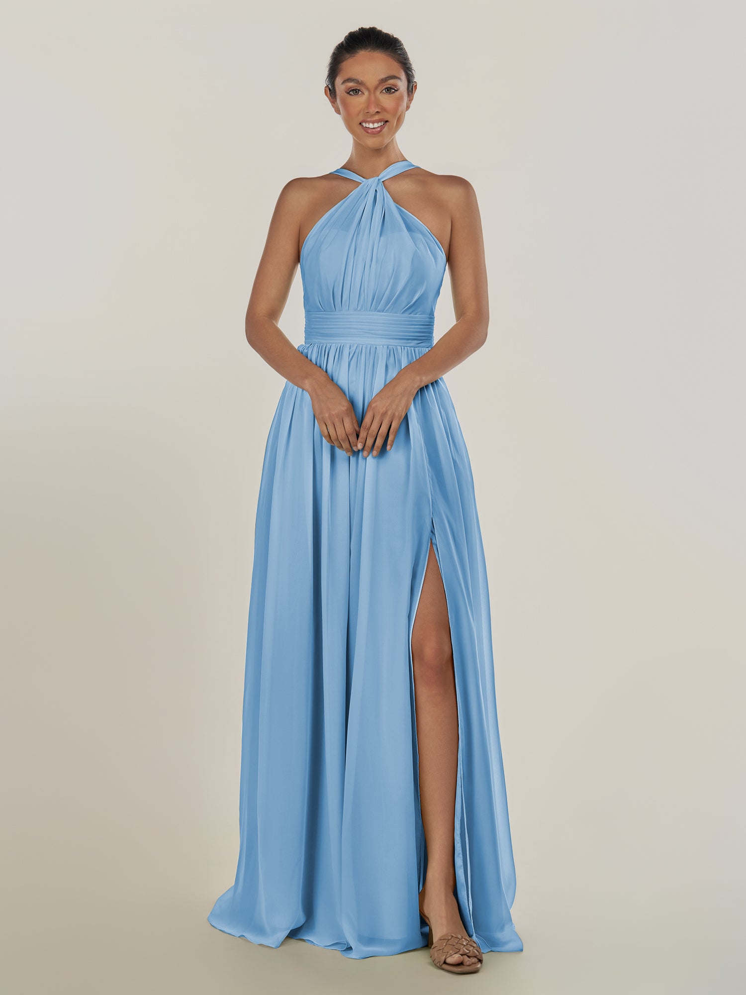 KissDress-Ciri Steel Blue A Line Chiffon Halter Neck Pleated Long Bridesmaid Dress with Slit