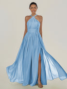 KissDress-Ciri Steel Blue A Line Chiffon Halter Neck Pleated Long Bridesmaid Dress with Slit