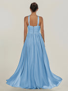KissDress-Ciri Steel Blue A Line Chiffon Halter Neck Pleated Long Bridesmaid Dress with Slit
