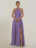 KissDress-Ciri Tahiti A Line Chiffon Halter Neck Pleated Long Bridesmaid Dress with Slit