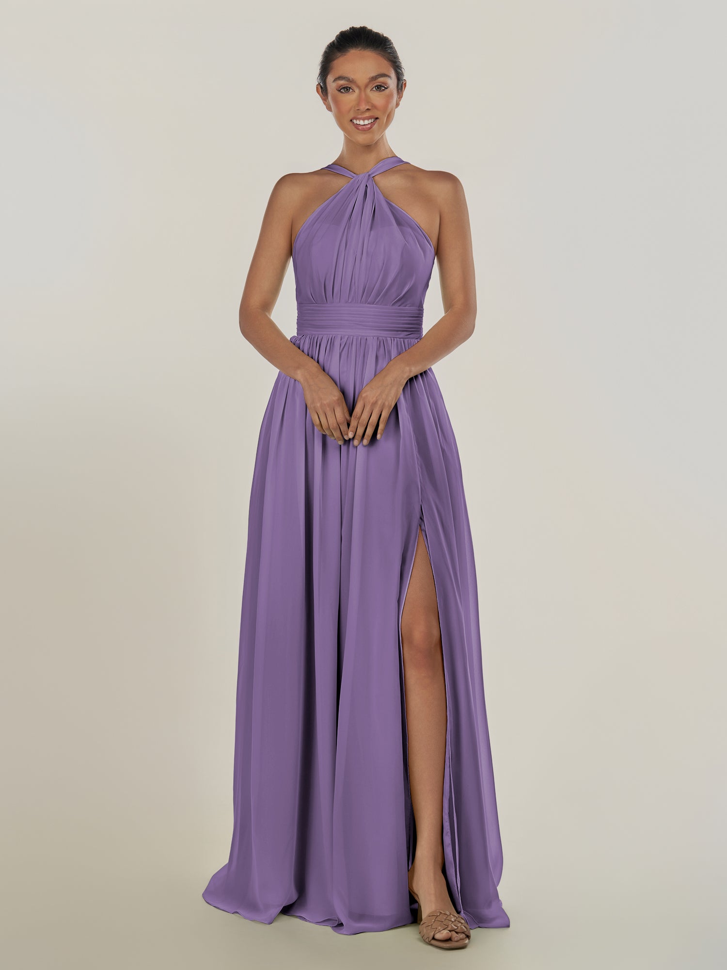 KissDress-Ciri Tahiti A Line Chiffon Halter Neck Pleated Long Bridesmaid Dress with Slit