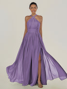 KissDress-Ciri Tahiti A Line Chiffon Halter Neck Pleated Long Bridesmaid Dress with Slit