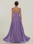 KissDress-Ciri Tahiti A Line Chiffon Halter Neck Pleated Long Bridesmaid Dress with Slit