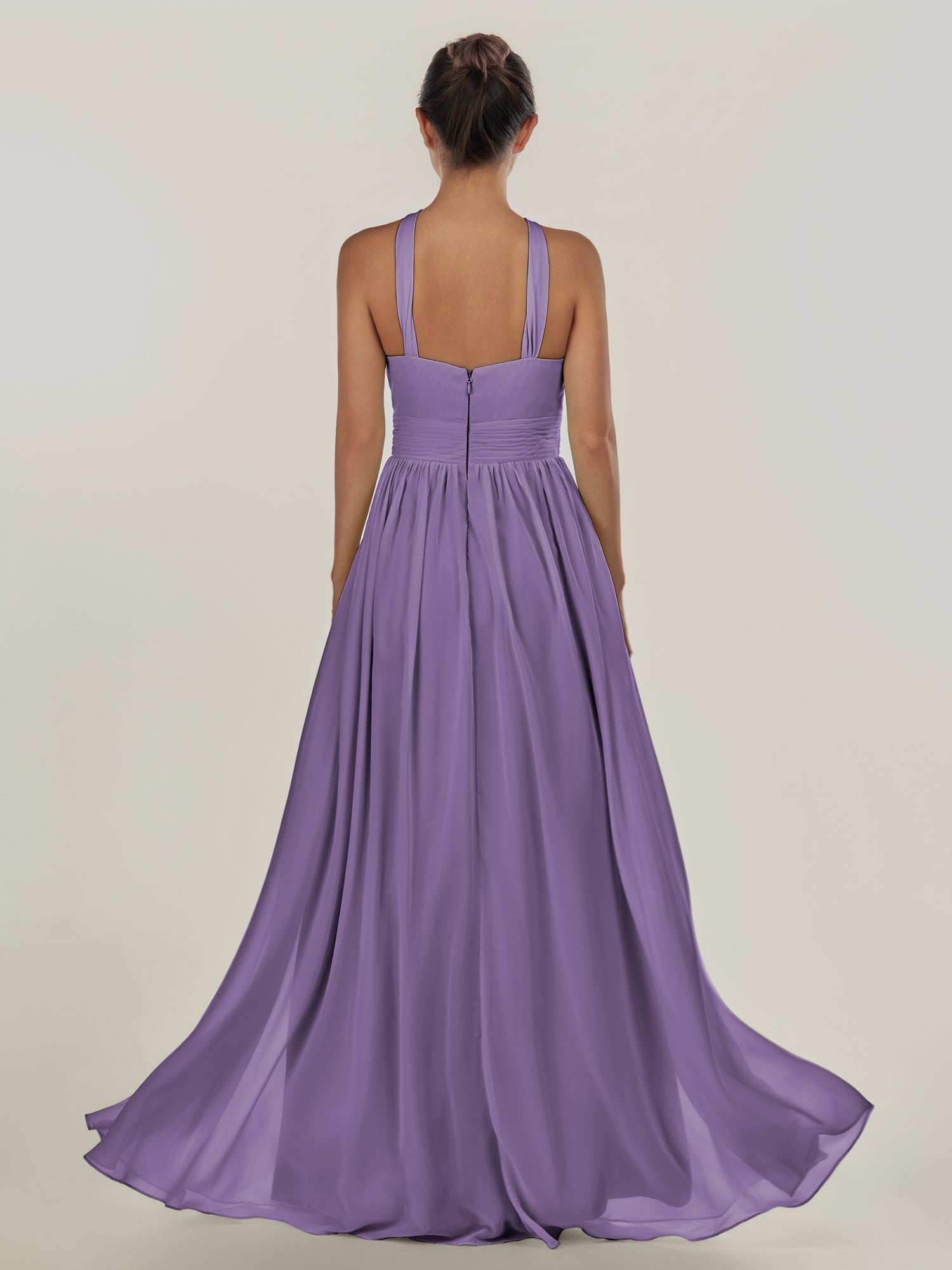 KissDress-Ciri Tahiti A Line Chiffon Halter Neck Pleated Long Bridesmaid Dress with Slit
