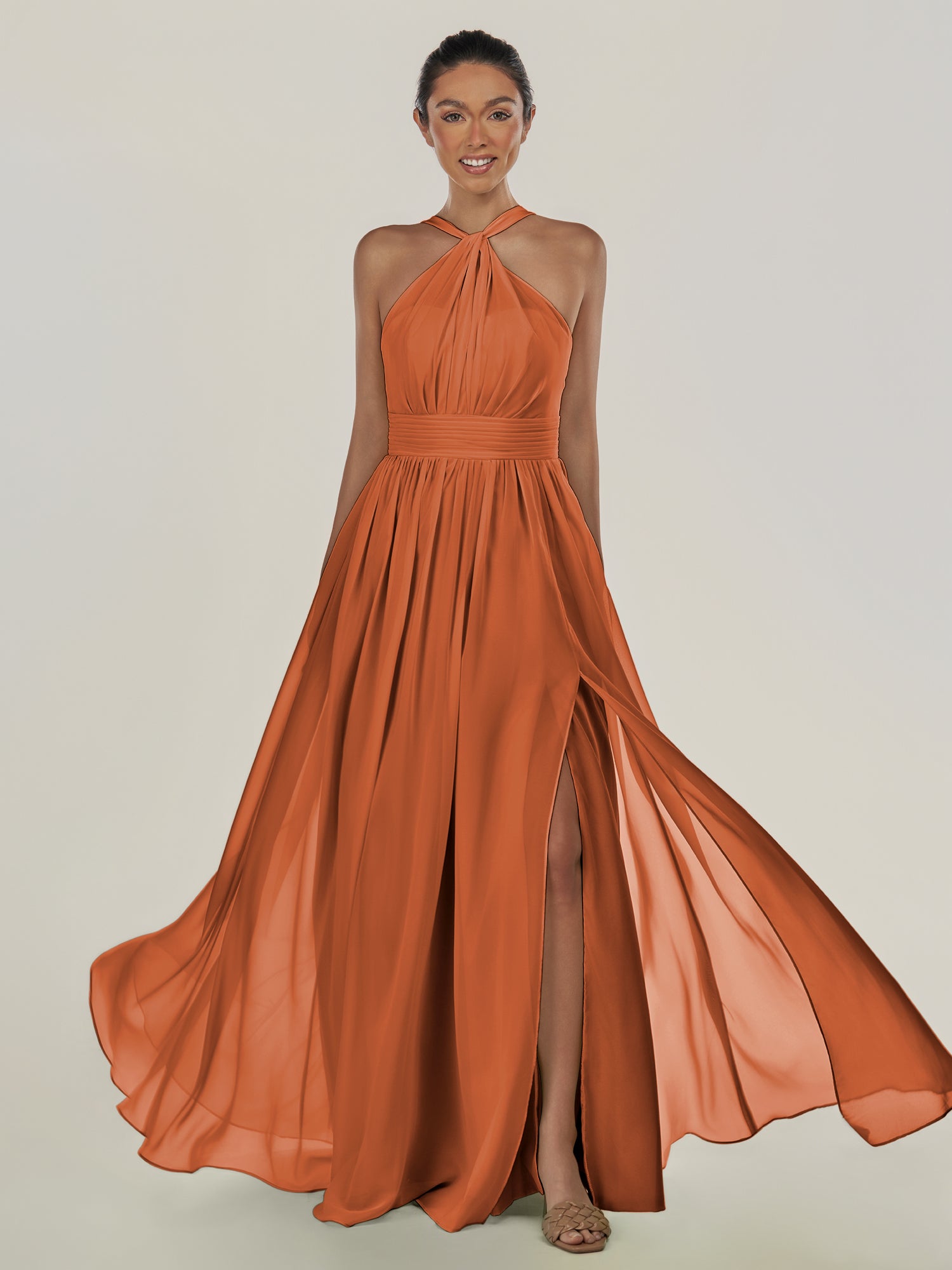 KissDress-Ciri Terracotta A Line Chiffon Halter Neck Pleated Long Bridesmaid Dress with Slit