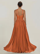 KissDress-Ciri Terracotta A Line Chiffon Halter Neck Pleated Long Bridesmaid Dress with Slit
