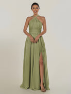 KissDress-Ciri Thyme A Line Chiffon Halter Neck Pleated Long Bridesmaid Dress with Slit