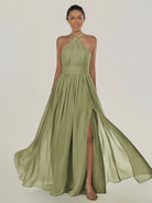 KissDress-Ciri Thyme A Line Chiffon Halter Neck Pleated Long Bridesmaid Dress with Slit