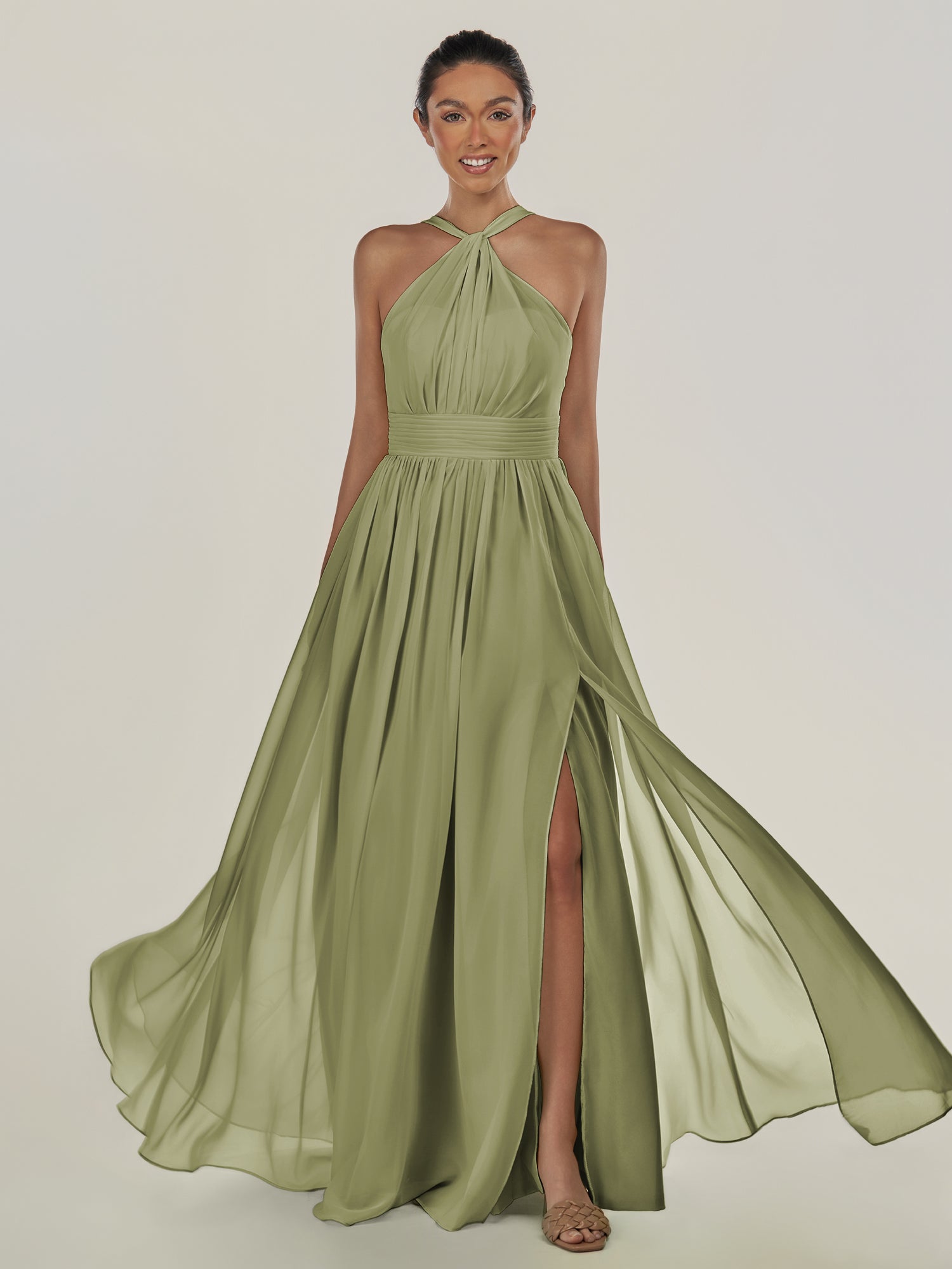 KissDress-Ciri Thyme A Line Chiffon Halter Neck Pleated Long Bridesmaid Dress with Slit